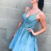 Homrain Cute A Line V Neck Short Homecoming Dress With Appliques | Blue Hoco Dresses