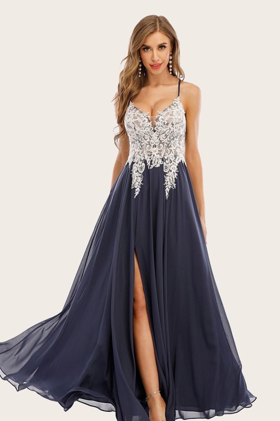 Homrain Dusty Long Chiffon Prom Dress With Lace | Blue Prom Dresses