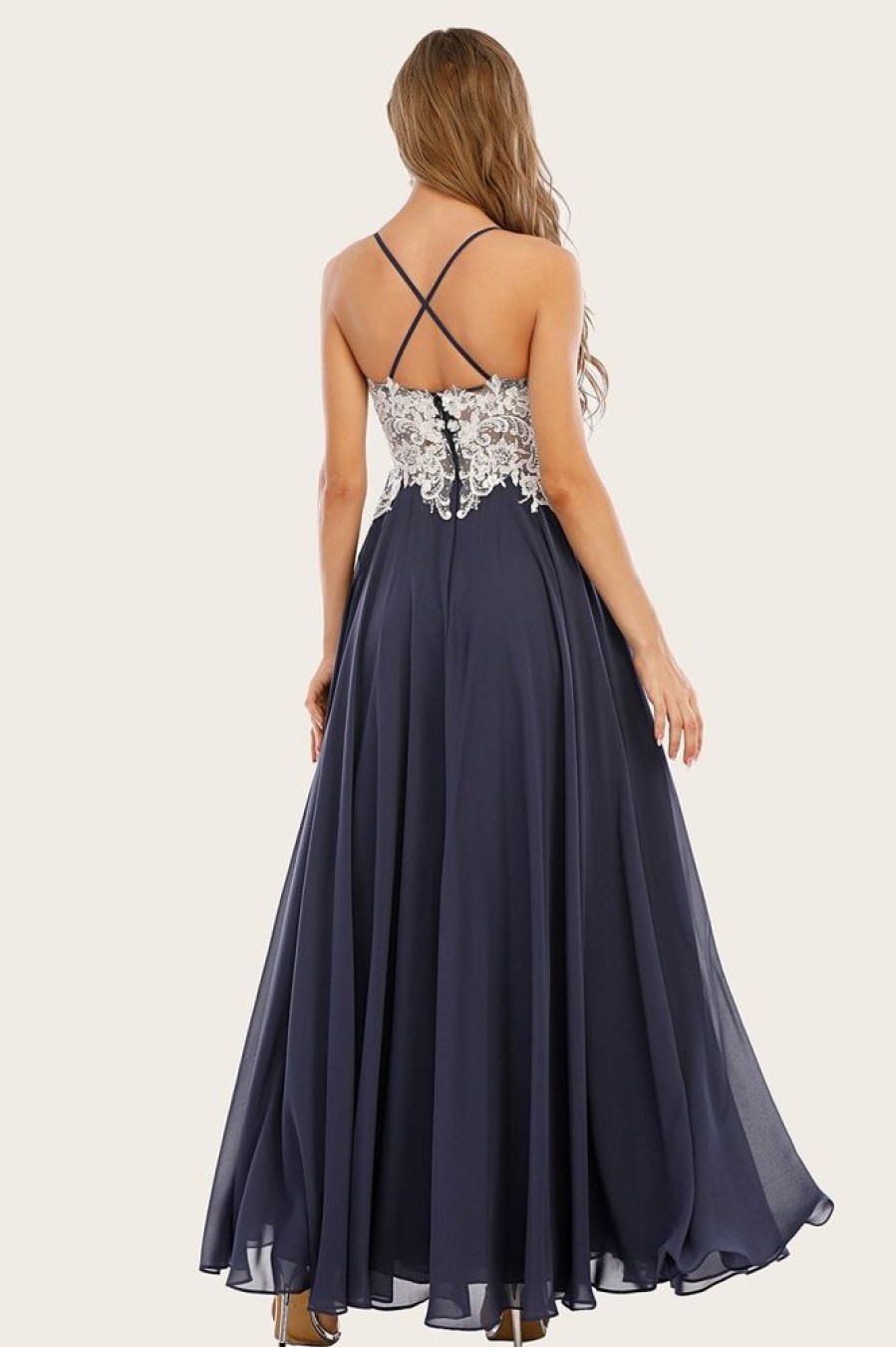 Homrain Dusty Long Chiffon Prom Dress With Lace | Blue Prom Dresses