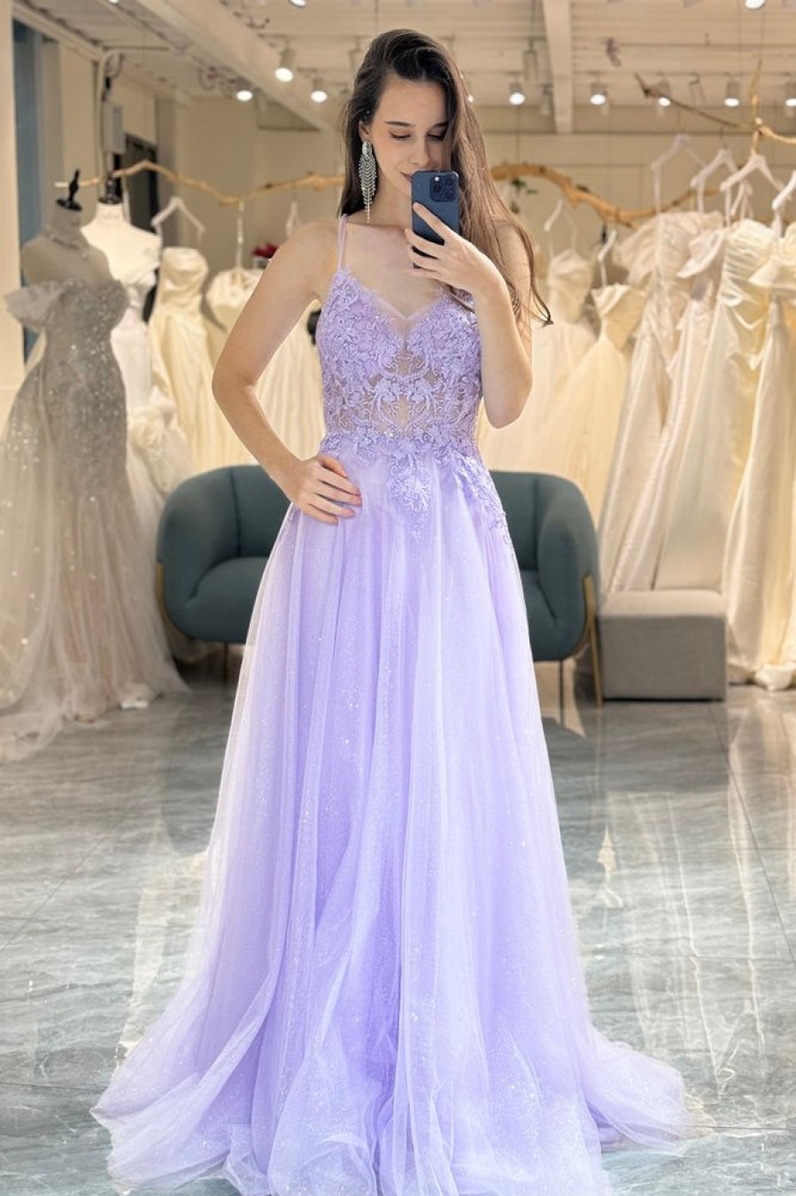 Homrain A Line Long Prom Dress With Appliques | Purple Prom Dresses