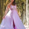 Homrain Sparkly Spaghetti Straps Beaded Long Prom Dress With Slit | Purple Prom Dresses