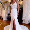 Homrain V-Neck Sheath Long Lace Wedding Dress With Slit | Beach Wedding Dresses