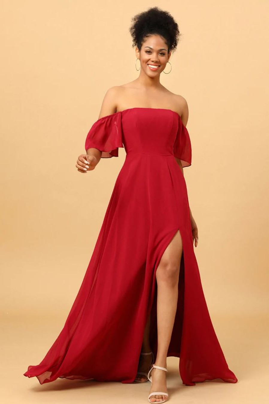 Homrain Off The Shoulder Chiffon Bridesmaid Dress With Slit | Bridesmaid Dress Under 100