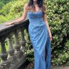 Homrain Glitter Sequin Corset Long Prom Dress With Slit | Blue Prom Dresses