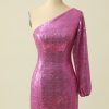 Homrain One Shoulder Sequined Homecoming Dress | Hot Pink Hoco Dresses