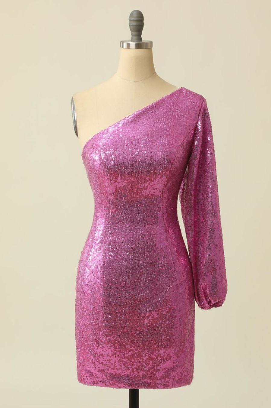 Homrain One Shoulder Sequined Homecoming Dress | Hot Pink Hoco Dresses