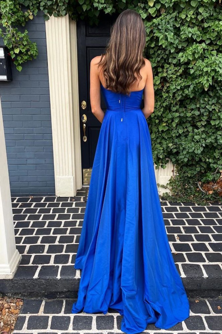 Homrain Simple A Line Deep V Neck Long Prom Dress With Split Front | Blue Prom Dresses