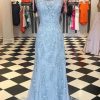 Homrain Spaghetti Straps Backless Appliques Prom Dress | Blue Prom Dresses