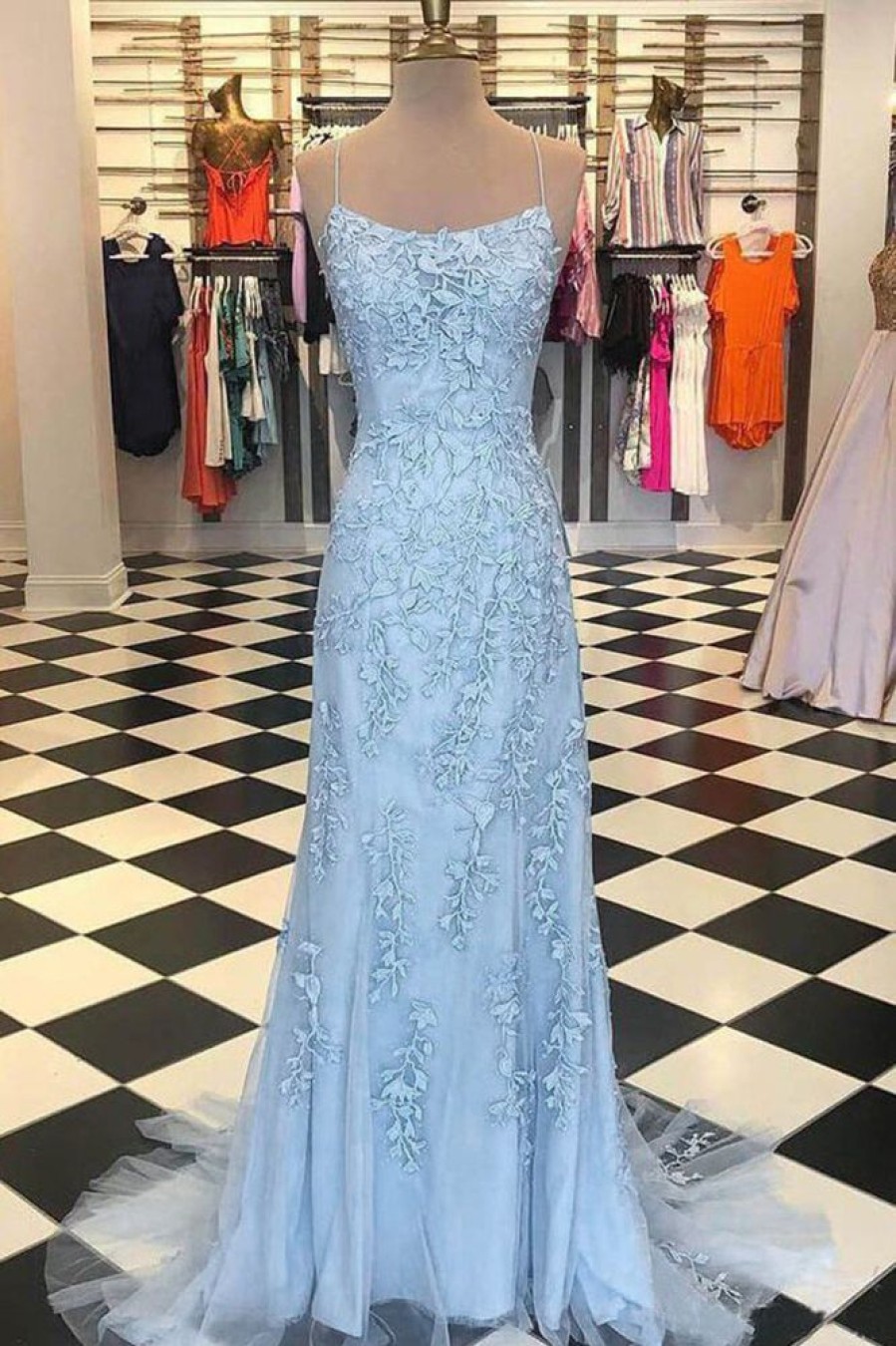 Homrain Spaghetti Straps Backless Appliques Prom Dress | Blue Prom Dresses