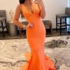 Homrain Sparkly Beaded Mermaid Long Prom Dress | Orange Prom Dresses