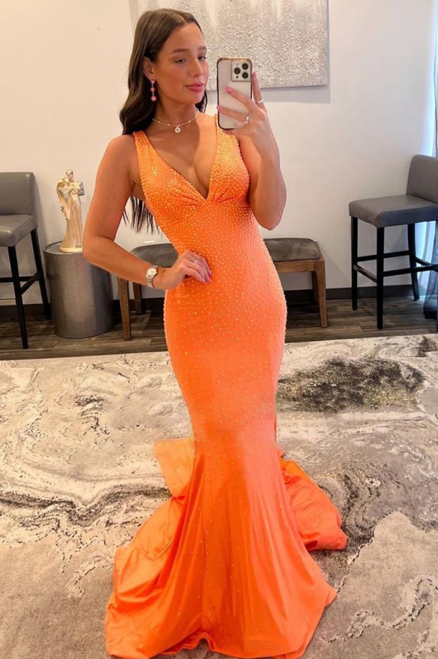 Homrain Sparkly Beaded Mermaid Long Prom Dress | Orange Prom Dresses