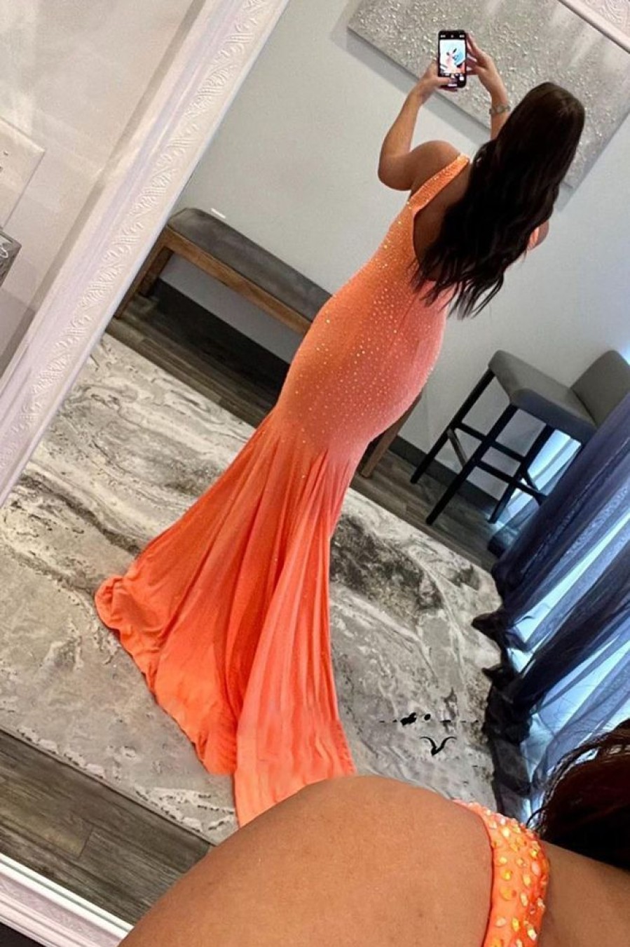 Homrain Sparkly Beaded Mermaid Long Prom Dress | Orange Prom Dresses