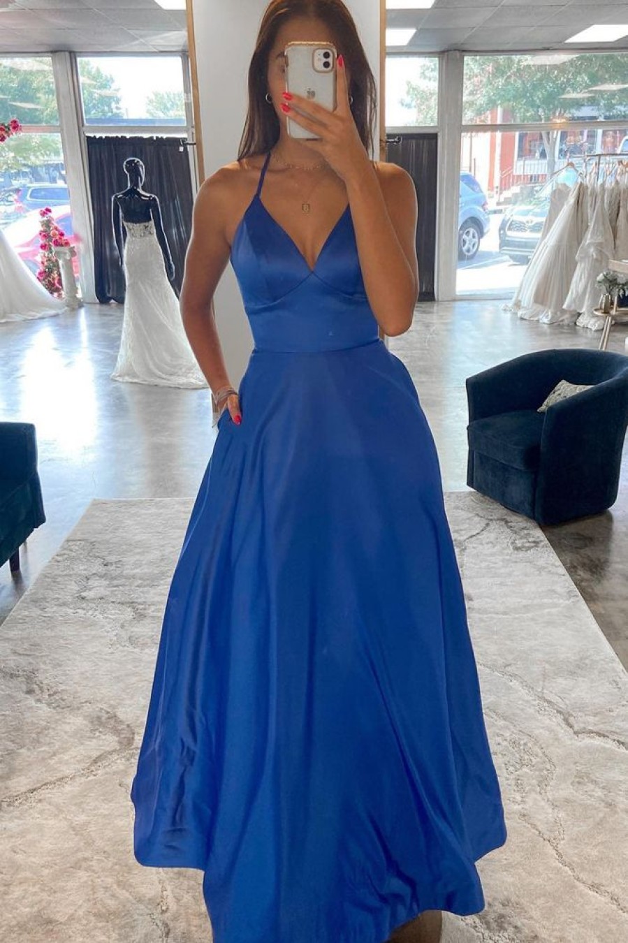 Homrain A Line Halter Long Prom Dress With Criss Cross Back | Blue Prom Dresses