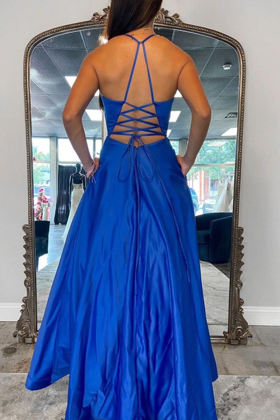 Homrain A Line Halter Long Prom Dress With Criss Cross Back | Blue Prom Dresses