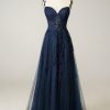 Homrain A Line Spaghetti Straps Prom Dress With Appliques | Blue Prom Dresses