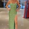 Homrain Halter Sparkly Sequins Long Prom Dress With Slit | Green Prom Dresses