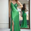 Homrain Sparkly Mermaid Long Prom Dress With Slit | Green Prom Dresses