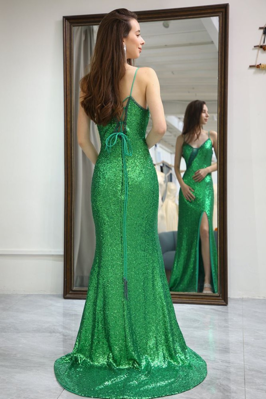 Homrain Sparkly Mermaid Long Prom Dress With Slit | Green Prom Dresses