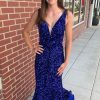 Homrain Mermaid V-Neck Sequins Long Prom Dress | Blue Prom Dresses