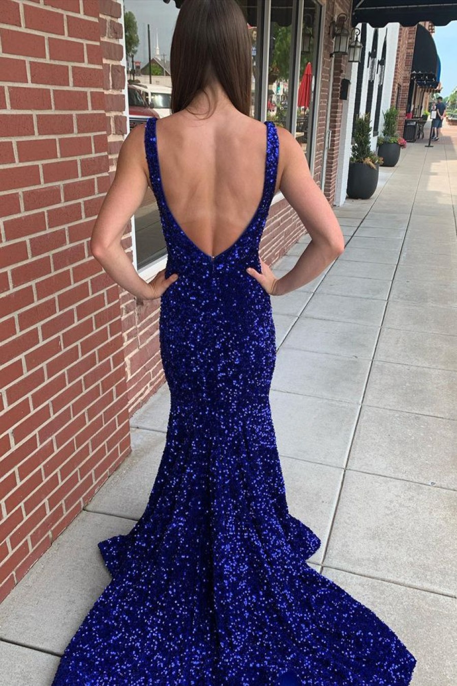 Homrain Mermaid V-Neck Sequins Long Prom Dress | Blue Prom Dresses