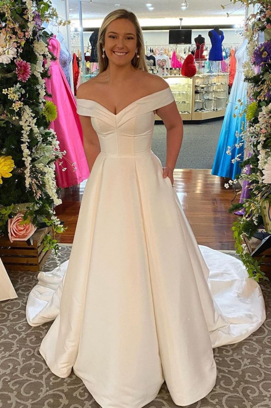 Homrain Off The Shoulder Corset Simple Long Wedding Dress With Pockets | Simple Wedding Dresses