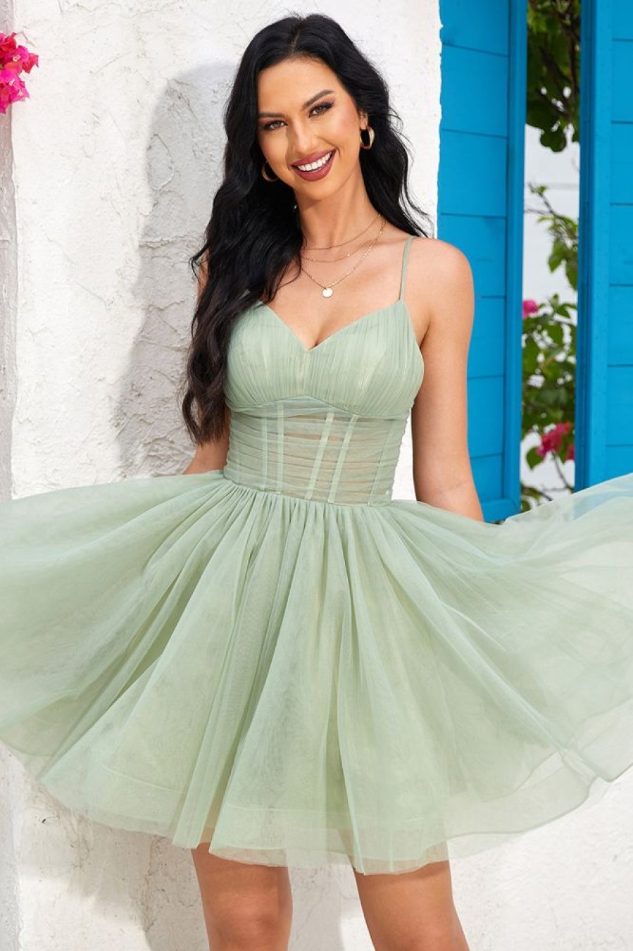 Homrain A-Line Tulle Corset Short Homecoming Dress | Green Hoco Dresses