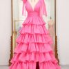 Homrain A Line V Neck Tiered Long Prom Dress With Slit | Hot Pink Prom Dresses