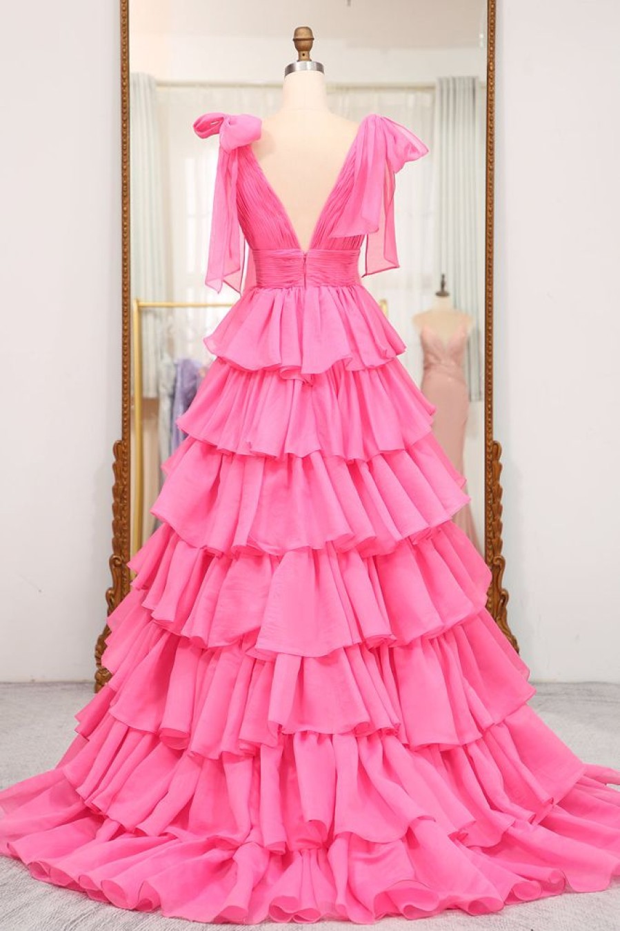 Homrain A Line V Neck Tiered Long Prom Dress With Slit | Hot Pink Prom Dresses