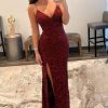 Homrain Sparkly Sequins Long Prom Dress With Slit | Red Prom Dresses