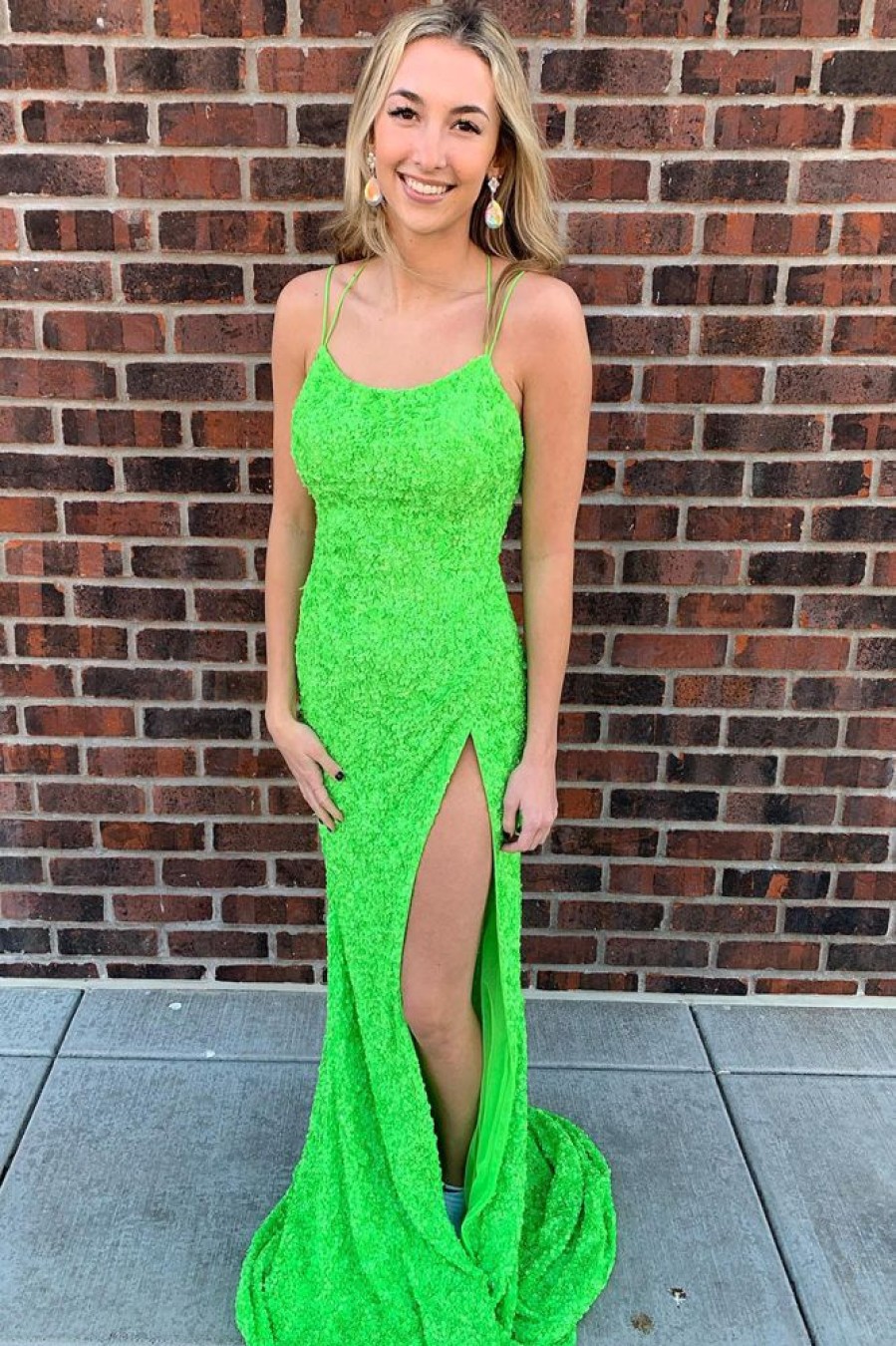 Homrain Fluorescent Sequins Long Prom Dress With Criss Cross Back | Green Prom Dresses