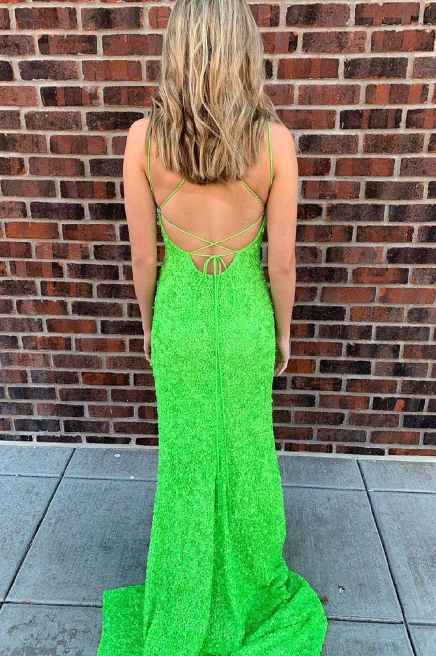 Homrain Fluorescent Sequins Long Prom Dress With Criss Cross Back | Green Prom Dresses