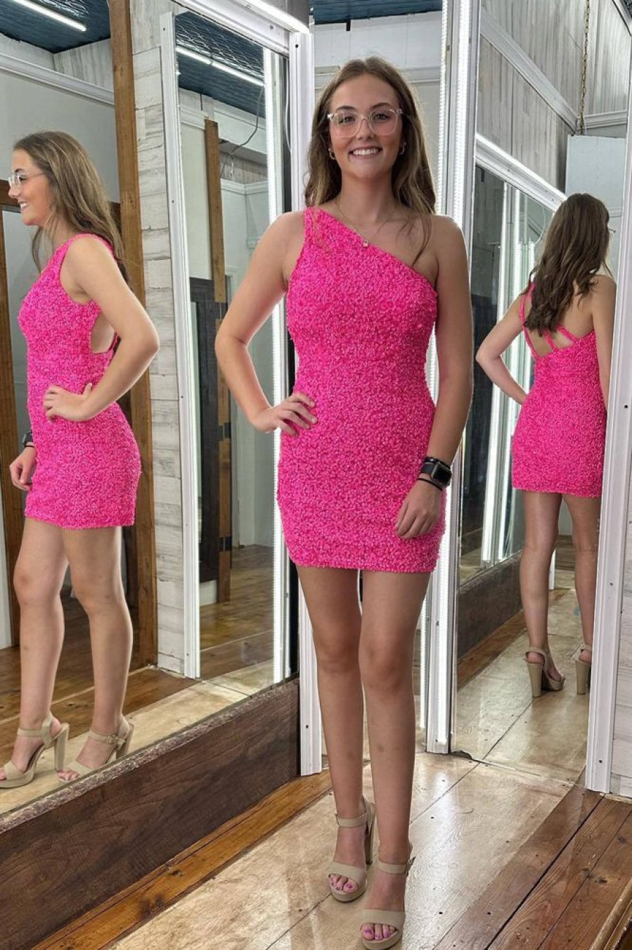 Homrain Fuchsia Sequins One Shoulder Homecoming Dress | Hot Pink Hoco Dresses