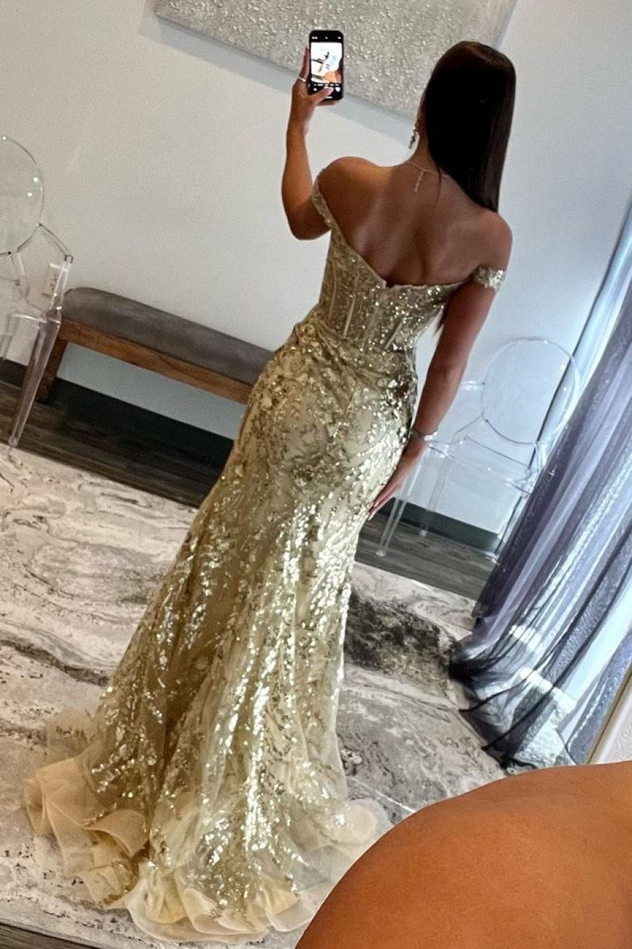 Homrain Sparkly Mermaid Long Metallic Sequins Prom Dress | Gold Prom Dresses