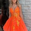 Homrain Sparkly A-Line Spaghetti Straps Short Homecoming Dress With Sequins | Orange Hoco Dresses