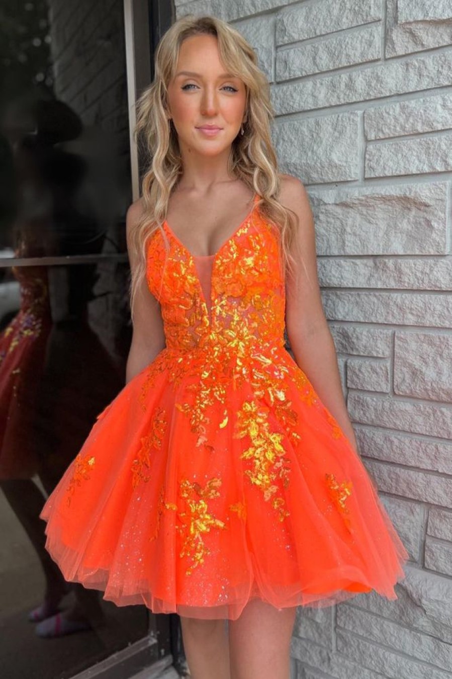 Homrain Sparkly A-Line Spaghetti Straps Short Homecoming Dress With Sequins | Orange Hoco Dresses