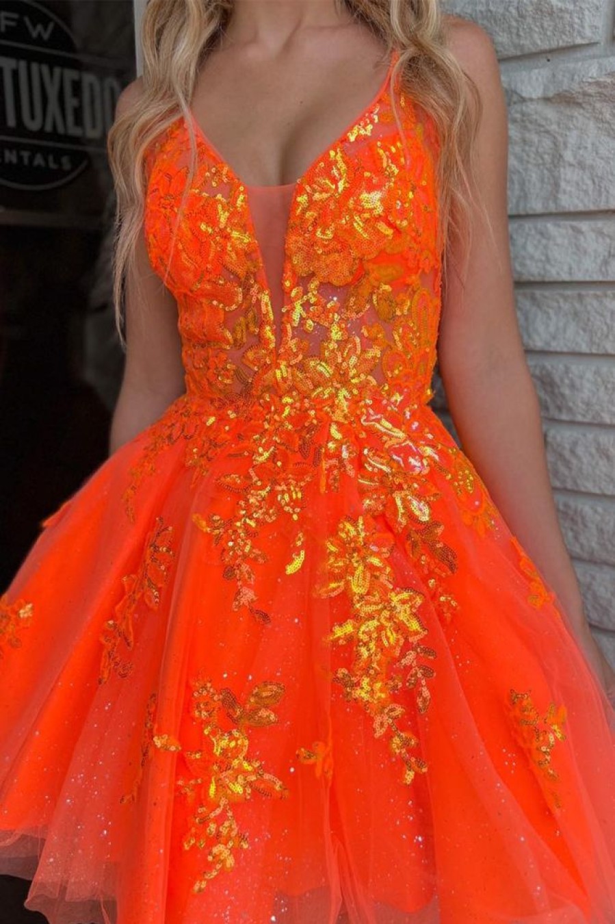 Homrain Sparkly A-Line Spaghetti Straps Short Homecoming Dress With Sequins | Orange Hoco Dresses