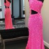 Homrain One Shoulder Sequins Prom Dress With Slit | Hot Pink Prom Dresses