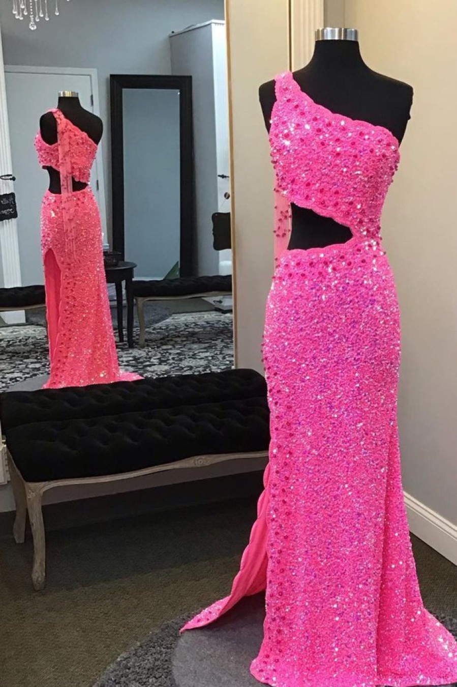 Homrain One Shoulder Sequins Prom Dress With Slit | Hot Pink Prom Dresses