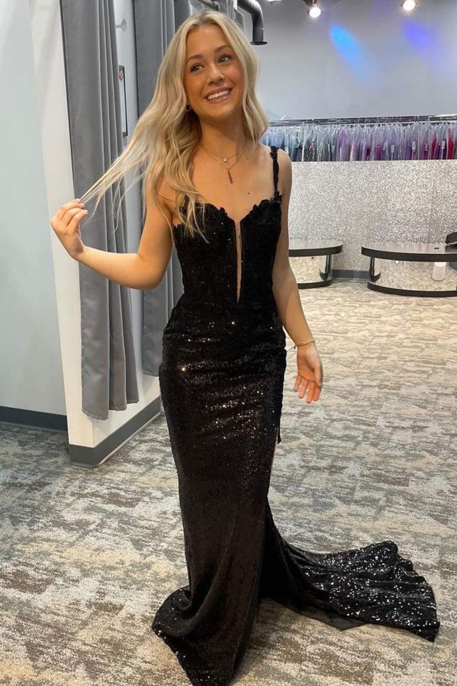 Homrain Sparkly Mermaid Sequins Long Prom Dress With Slit Front | Black Prom Dresses