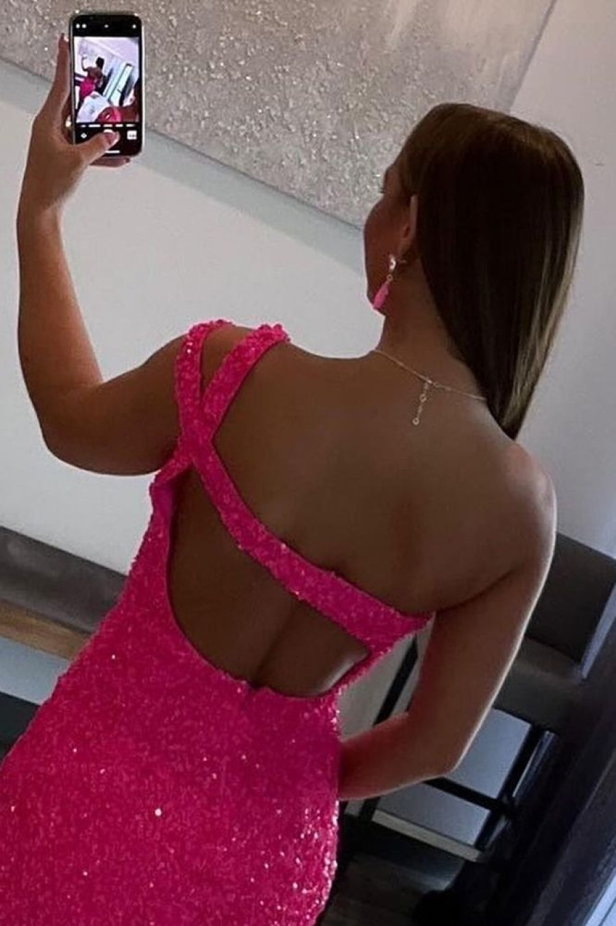 Homrain Hot Pink Open Back One Shoulder Tight Sequins Homecoming Dress | Red Hoco Dresses