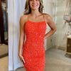 Homrain Sparkly Spaghetti Straps Tight Sequin Homecoming Dress | Orange Hoco Dresses