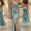 Homrain Mermaid Long Appliqued Prom Dress With Slit | Green Prom Dresses