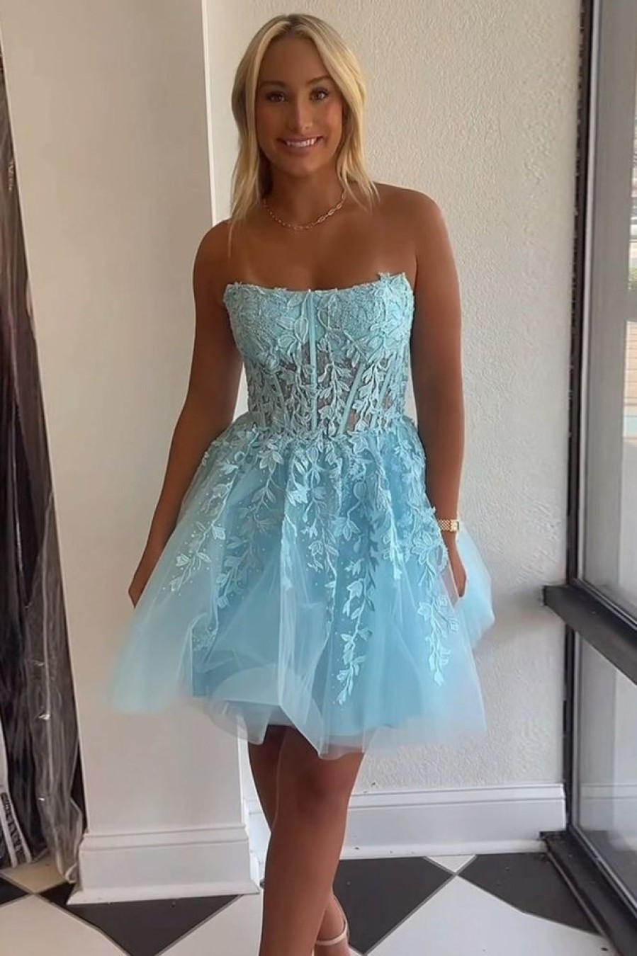 Homrain Sparkly Corset Lace A-Line Tulle Homecoming Dress | Pink Hoco Dresses