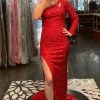 Homrain Mermaid One Shoulder Sequins Long Prom Dress With Silt | Red Prom Dresses