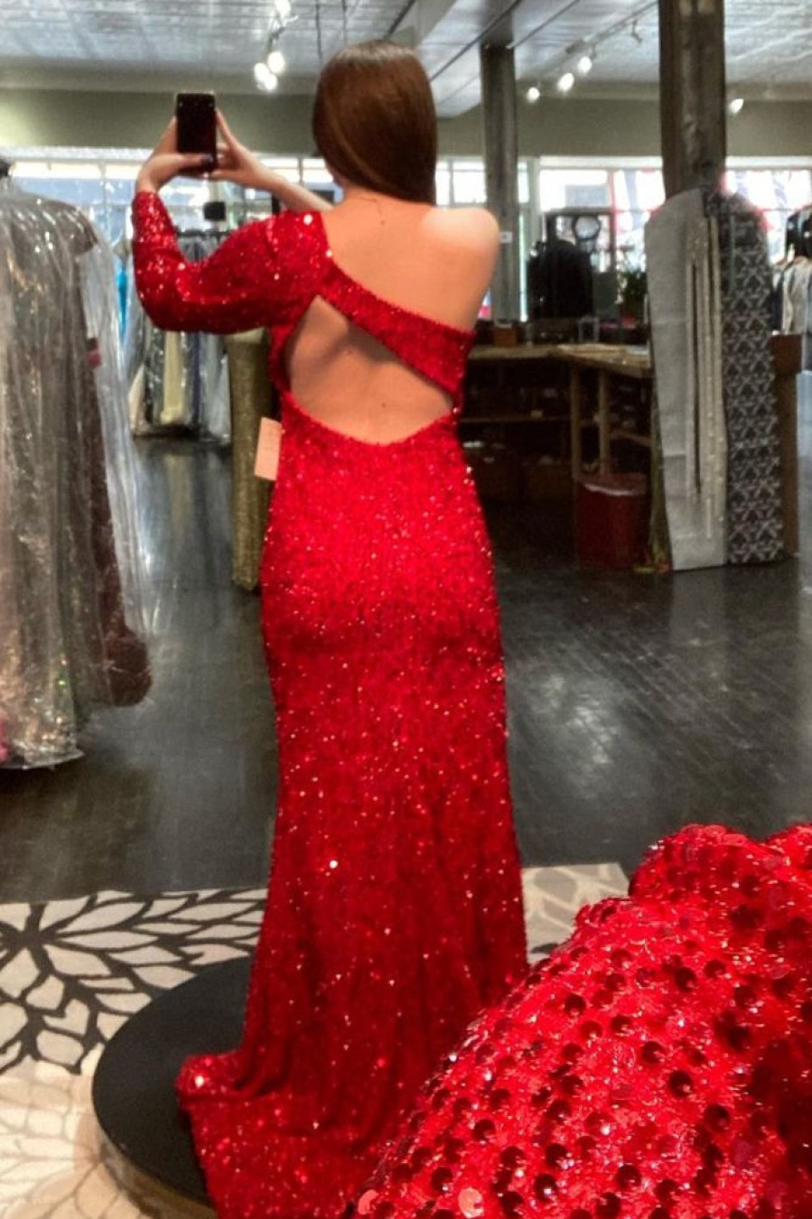 Homrain Mermaid One Shoulder Sequins Long Prom Dress With Silt | Red Prom Dresses