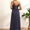 Homrain V-Neck Long Chiffon Bridesmaid Dress With Open Back | Dusty Blue Bridesmaid Dress