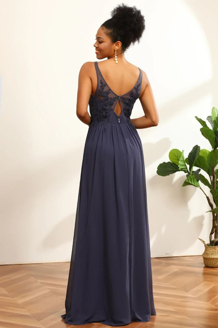 Homrain V-Neck Long Chiffon Bridesmaid Dress With Open Back | Dusty Blue Bridesmaid Dress