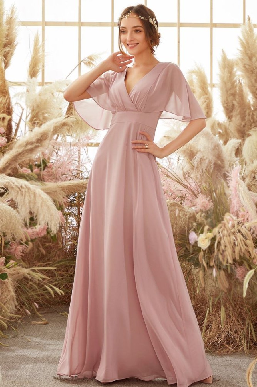 Homrain Blush Batwing Sleeves Chiffon Bridesmaid Dress | Bridesmaid Dress Under 100