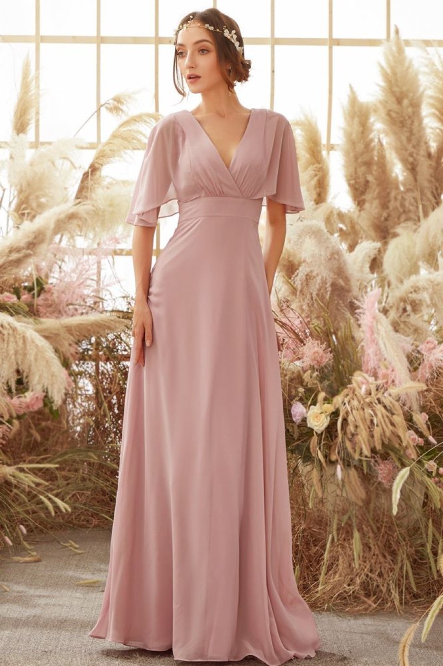 Homrain Blush Batwing Sleeves Chiffon Bridesmaid Dress | Bridesmaid Dress Under 100