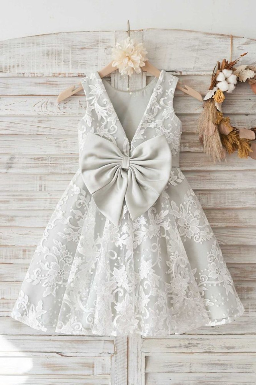 Homrain Grey Lace Flower Girl Dress With Bow | Flower Girl Dresses